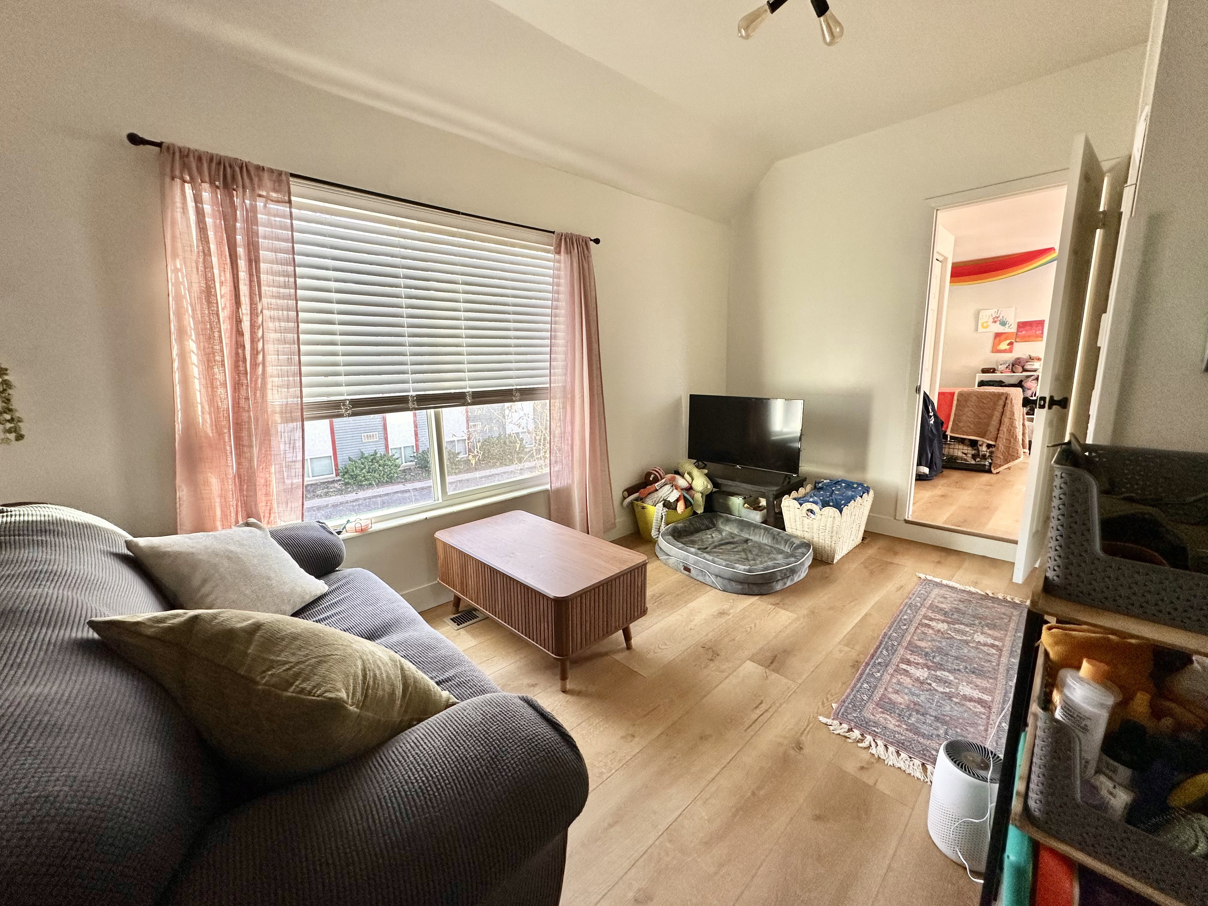 Living room with light wood-style flooring and vaulted ceiling