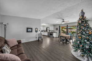 Living room featuring dark wood-type flooring and a ceiling fan