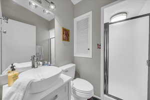 Full bath featuring vanity and a shower stall