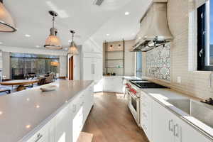 Kitchen featuring high end appliances, ventilation hood, white cabinetry, light wood finished floors, and decorative backsplash