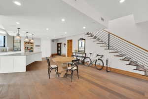 Dining space featuring recessed lighting and light wood finished floors