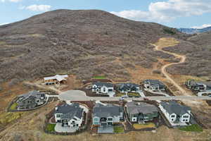 Aerial perspective of suburban area with a mountainous background
