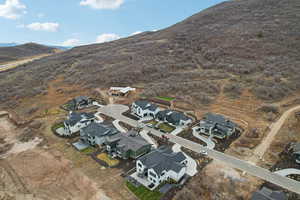 Aerial view of residential area with a mountainous background