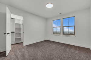 Unfurnished bedroom with a walk in closet and dark colored carpet