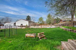 Fenced backyard with a garden