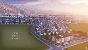 Bird's eye view of a mountainous background