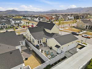 Aerial view of residential area with mountains