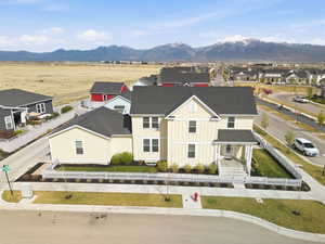 Aerial perspective of suburban area with mountains