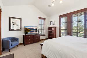 Bedroom featuring vaulted ceiling and light carpet