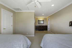 Bedroom featuring ornamental molding, light carpet, ceiling fan, and recessed lighting