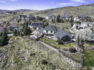 Aerial view of residential area with mountains