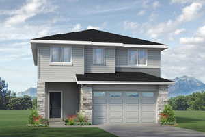 View of front of property featuring stone siding, a mountain view, a front yard, an attached garage, and driveway. Image is a rendered photo. Actual finishes may vary