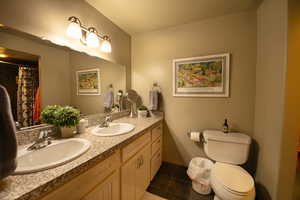 Full bathroom featuring double vanity, curtained shower, and dark tile patterned flooring