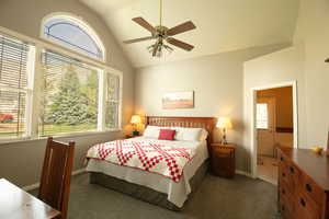 Primary bedroom with dark carpet, lofted ceiling, and a ceiling fan