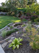 View of yard surrounding the waterfall.