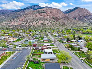 Aerial view of residential area with mountains