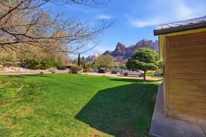 View of grassy yard with a mountain view