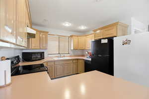 Kitchen featuring black appliances, light wood finish cabinets, light countertops, range hood, and a peninsula