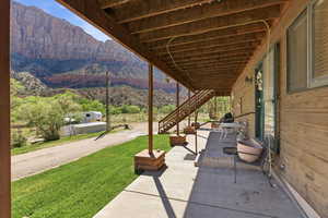 View of patio / terrace with a mountain view