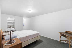 Bedroom with dark colored carpet, a textured ceiling, and a walk in closet