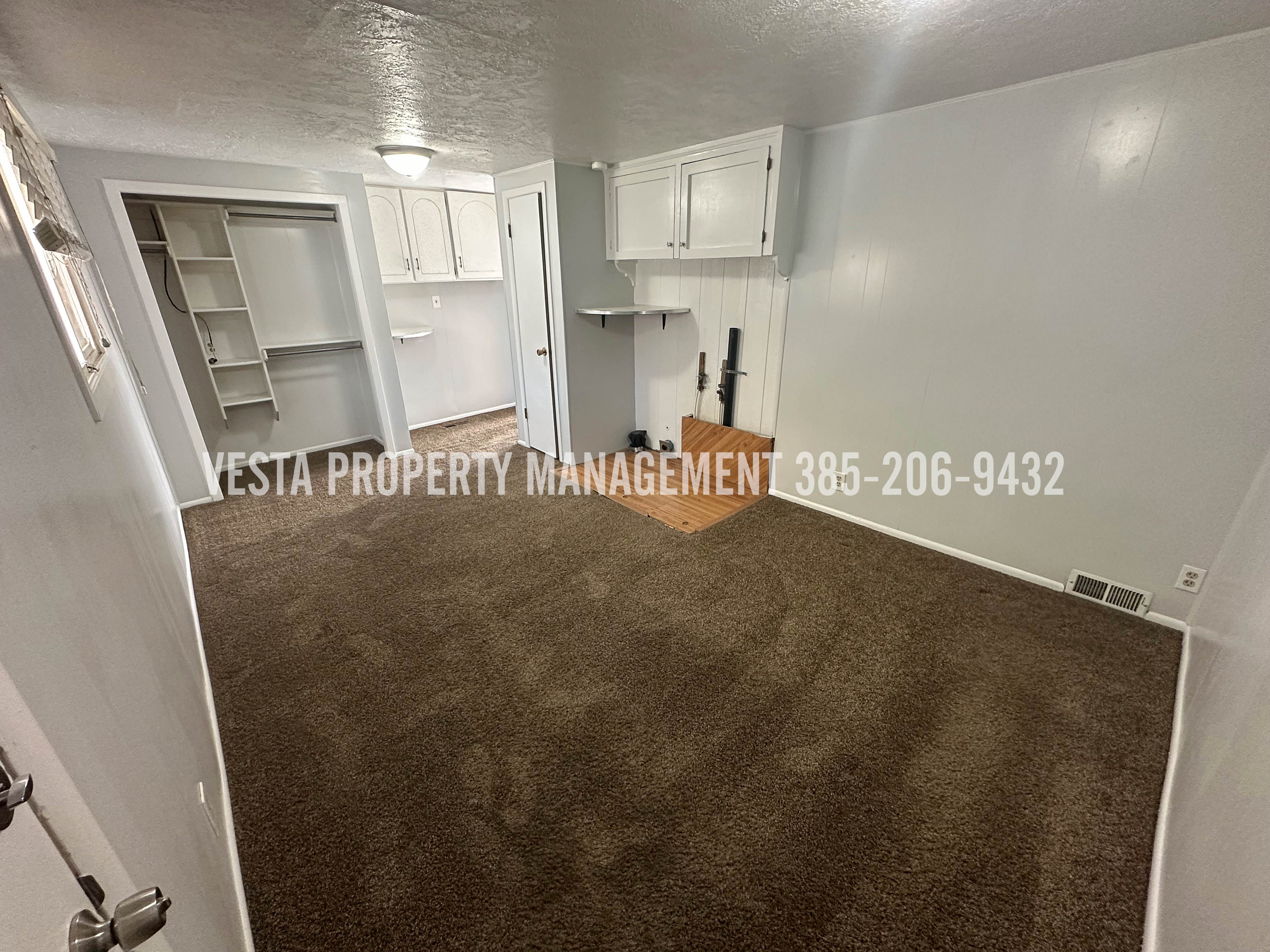 Unfurnished living room featuring carpet flooring and a textured ceiling