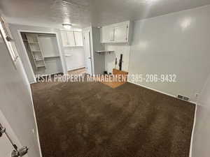 Unfurnished living room featuring carpet flooring and a textured ceiling