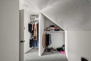 Walk in closet with vaulted ceiling and light carpet