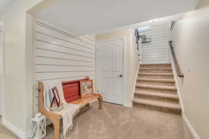 Stairway with carpet floors and baseboards