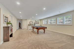 Playroom with billiards table, recessed lighting, and light colored carpet