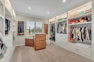 Walk in closet featuring light colored carpet