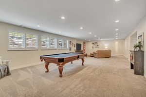 Game room featuring recessed lighting, light carpet, and pool table