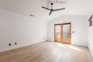 Empty room with light wood-type flooring, a ceiling fan, and recessed lighting