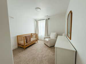 Bedroom with light carpet and a nursery area
