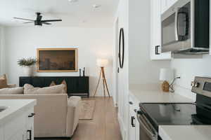Living room with light wood-style flooring and a ceiling fan