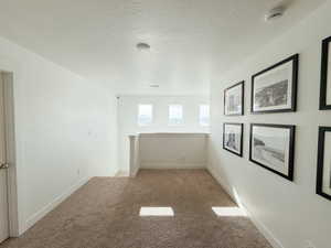 Spare room with a textured ceiling, carpet, and a smoke detector