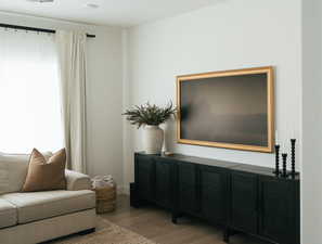 Living area with dark wood finished floors