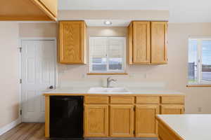 Kitchen with light countertops, light wood finish cabinets, black dishwasher, and healthy amount of natural light