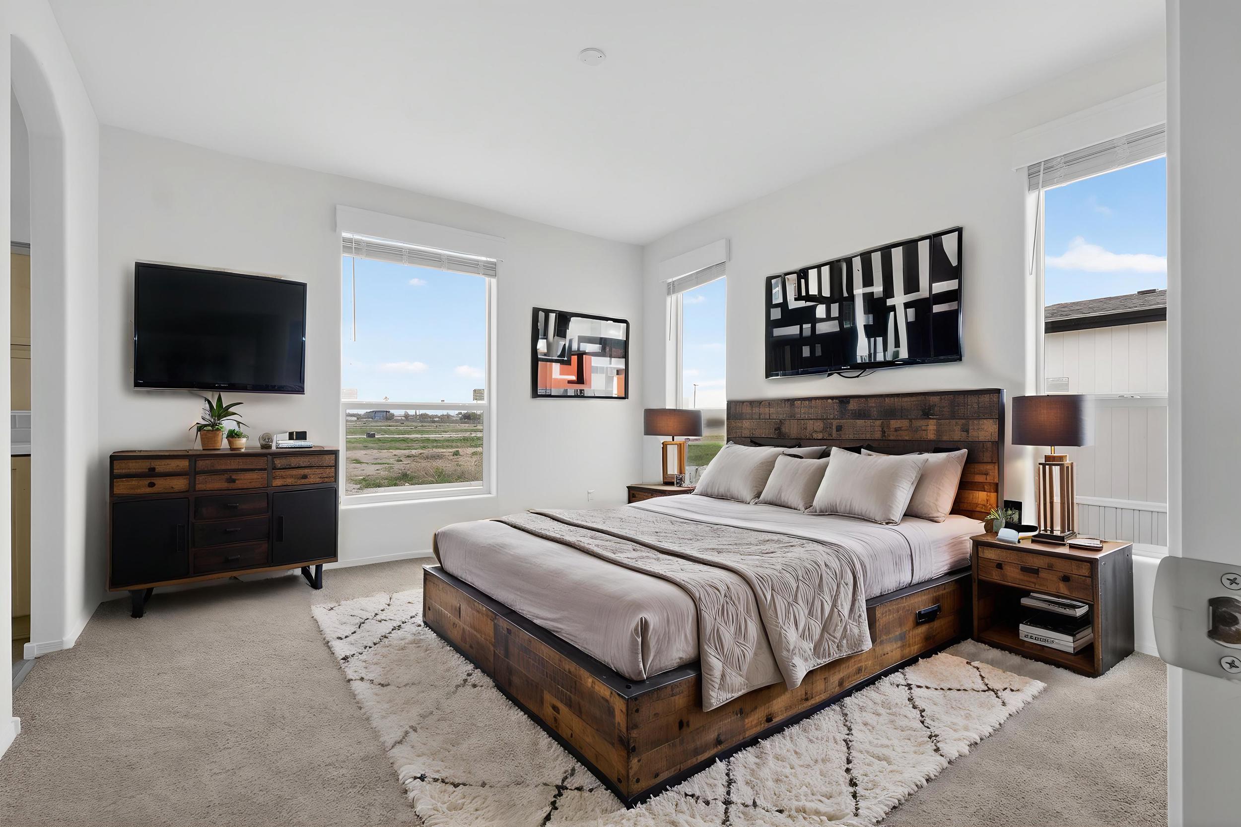 Bedroom featuring light carpet and multiple windows