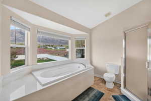 Full bathroom with a garden tub, lofted ceiling, a stall shower, and a mountain view