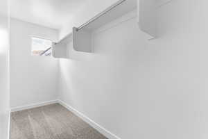 Walk in closet with light carpet