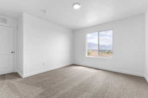 Unfurnished room featuring a mountain view and carpet