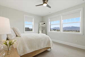 Bedroom featuring carpet, ceiling fan, and multiple windows with walk in closet