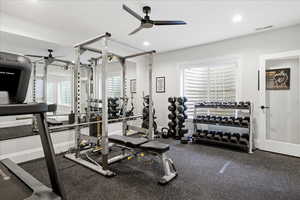 Exercise room with a ceiling fan and recessed lighting, large closet, french doors, could also be a bedroom