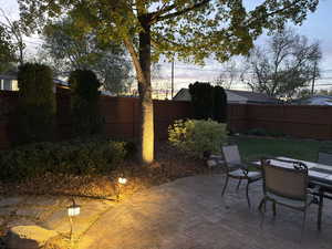 Fenced backyard with a patio area and outdoor dining area