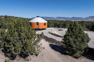 Aerial view of a heavily wooded area and a mountain backdrop