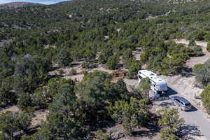 Bird's eye view of a heavily wooded area and mountains