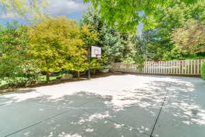 View of sport court with basketball hoop and view of scattered trees