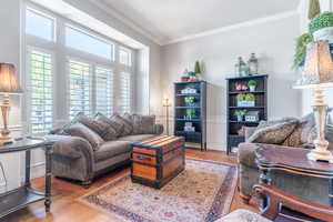 Living room featuring ornamental molding, light wood-type flooring, and wainscoting