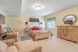 Bedroom with light colored carpet and baseboards
