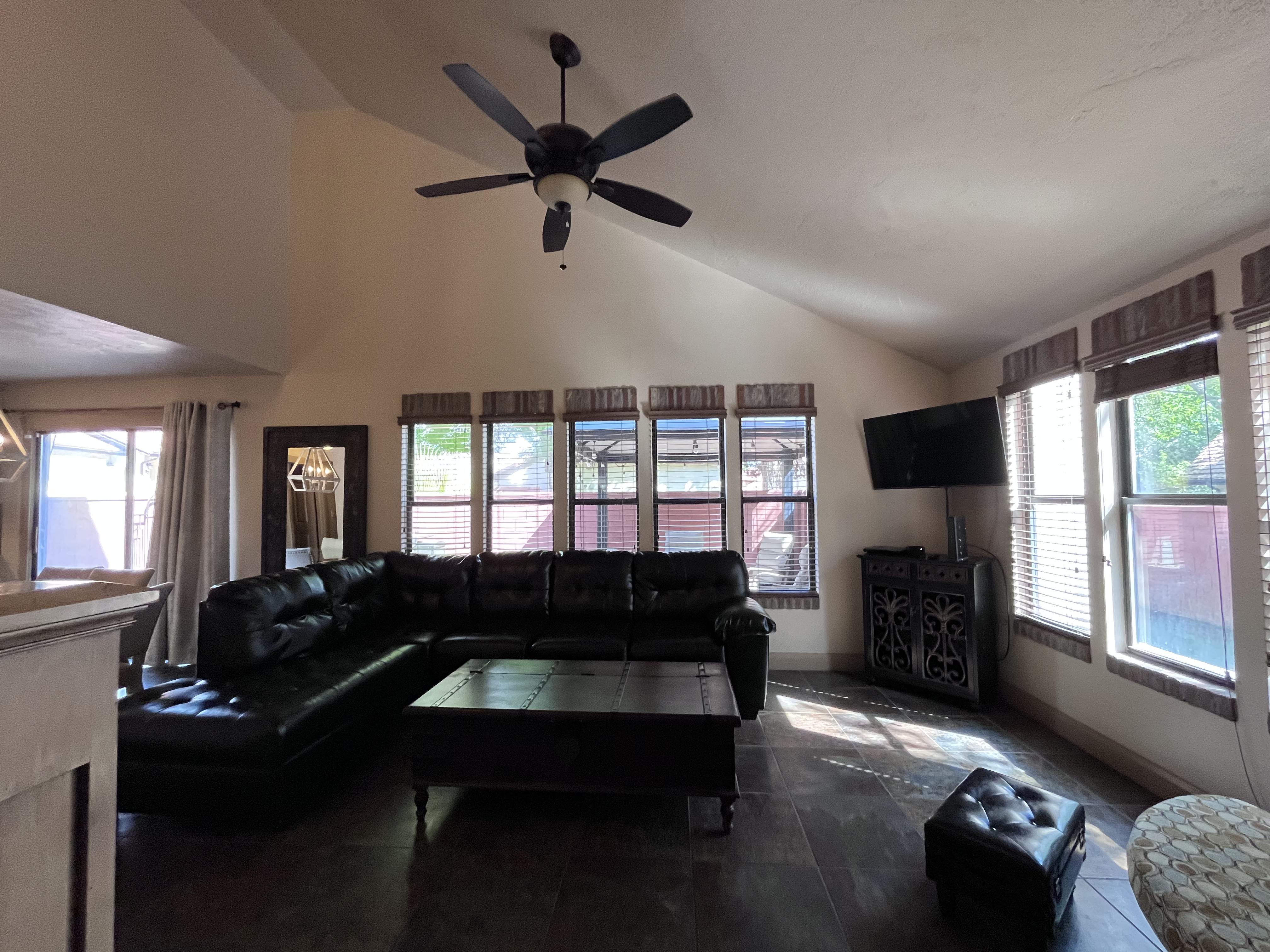 Living area with lofted ceiling and a ceiling fan